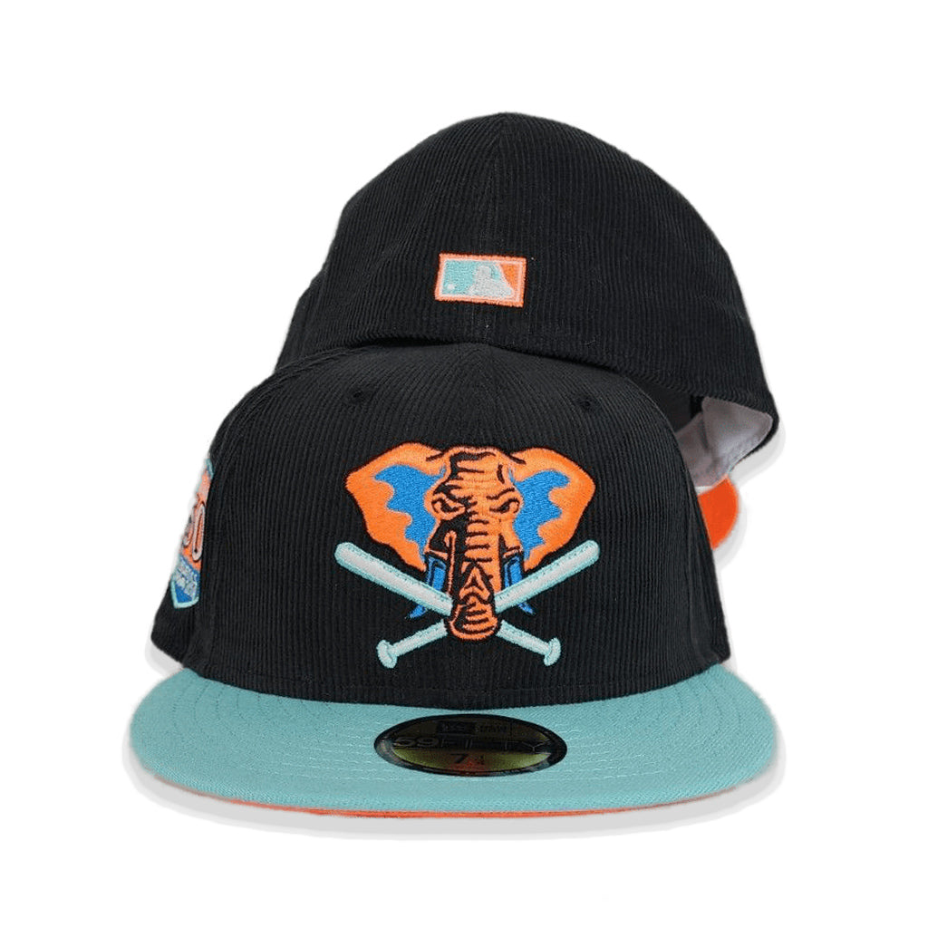 Black Corduroy Glow In The Dark Oakland Athletics Blue Tint Visor Orange Bottom 50th Anniversary Side Patch New Era 59Fifty Fitted