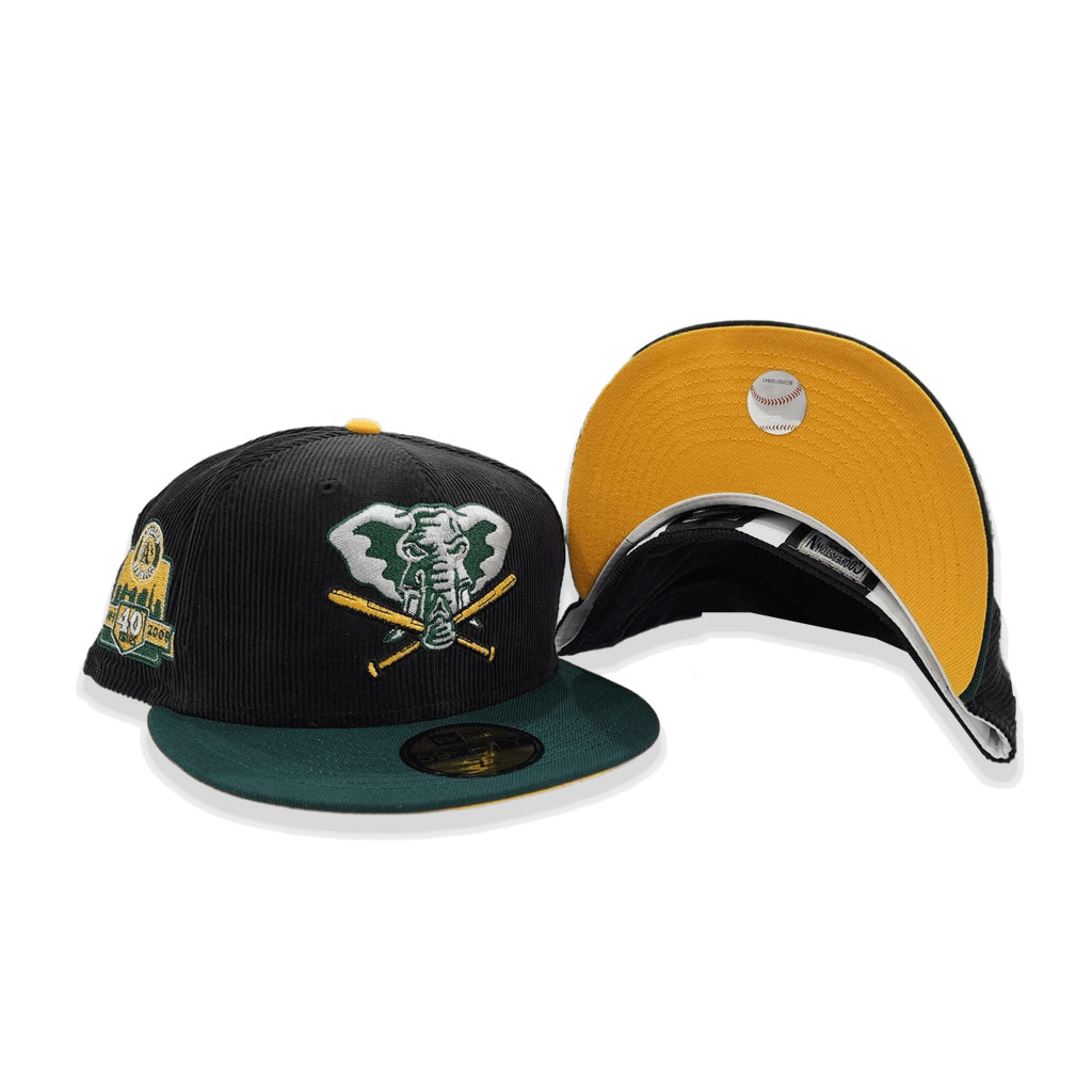 Black Corduroy Oakland Athletics Dark Green Visor Yellow Bottom 40th Anniversary Side Patch New Era 59Fifty Fitted