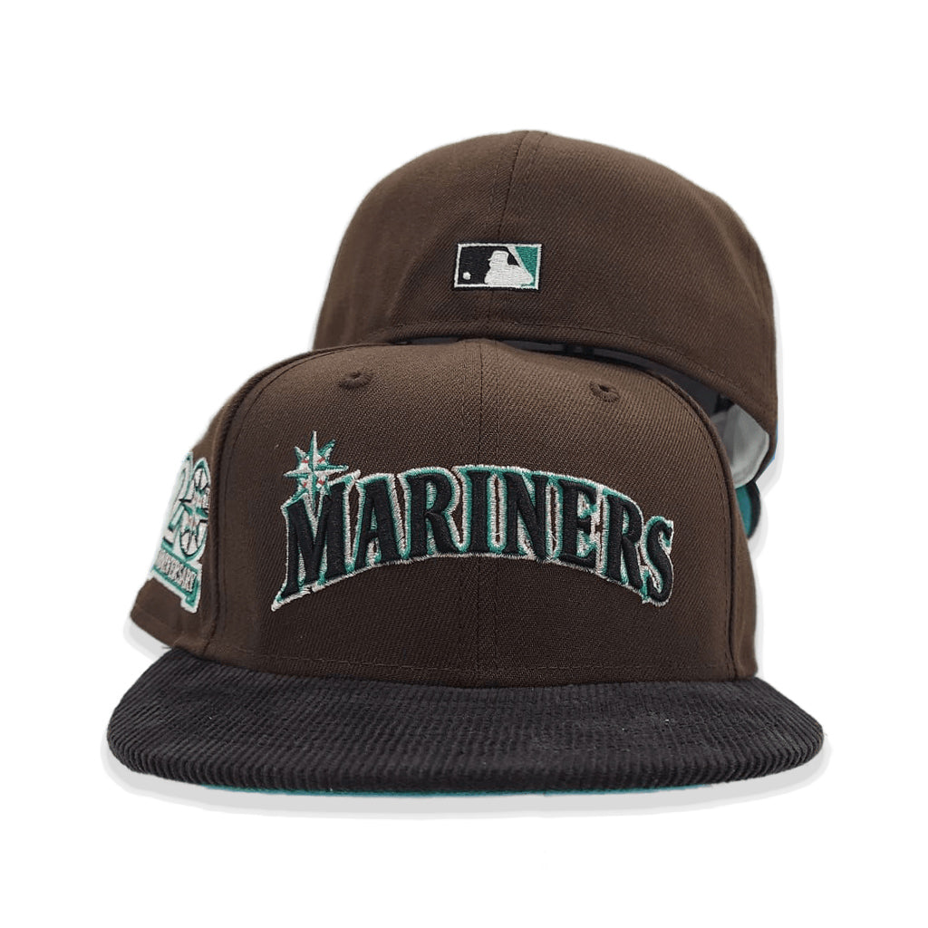 Brown Seattle Mariners Black Corduroy Visor Aqua Bottom 20th Anniversary Side Patch New Era 59Fifty Fitted