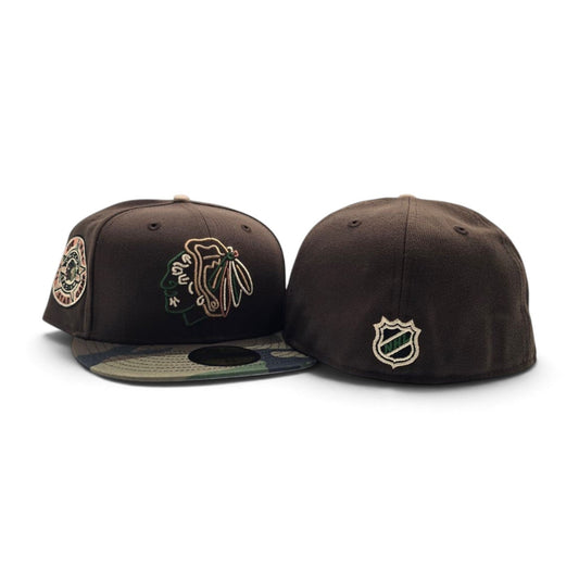 Brown Chicago Blackhawks Woodland Camo Visor Gray Bottom 42nd All Star Game Side Patch New Era 59Fifty Fitted