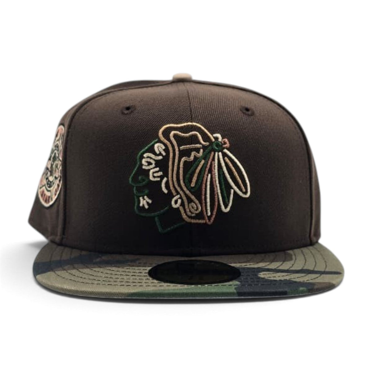 Brown Chicago Blackhawks Woodland Camo Visor Gray Bottom 42nd All Star Game Side Patch New Era 59Fifty Fitted