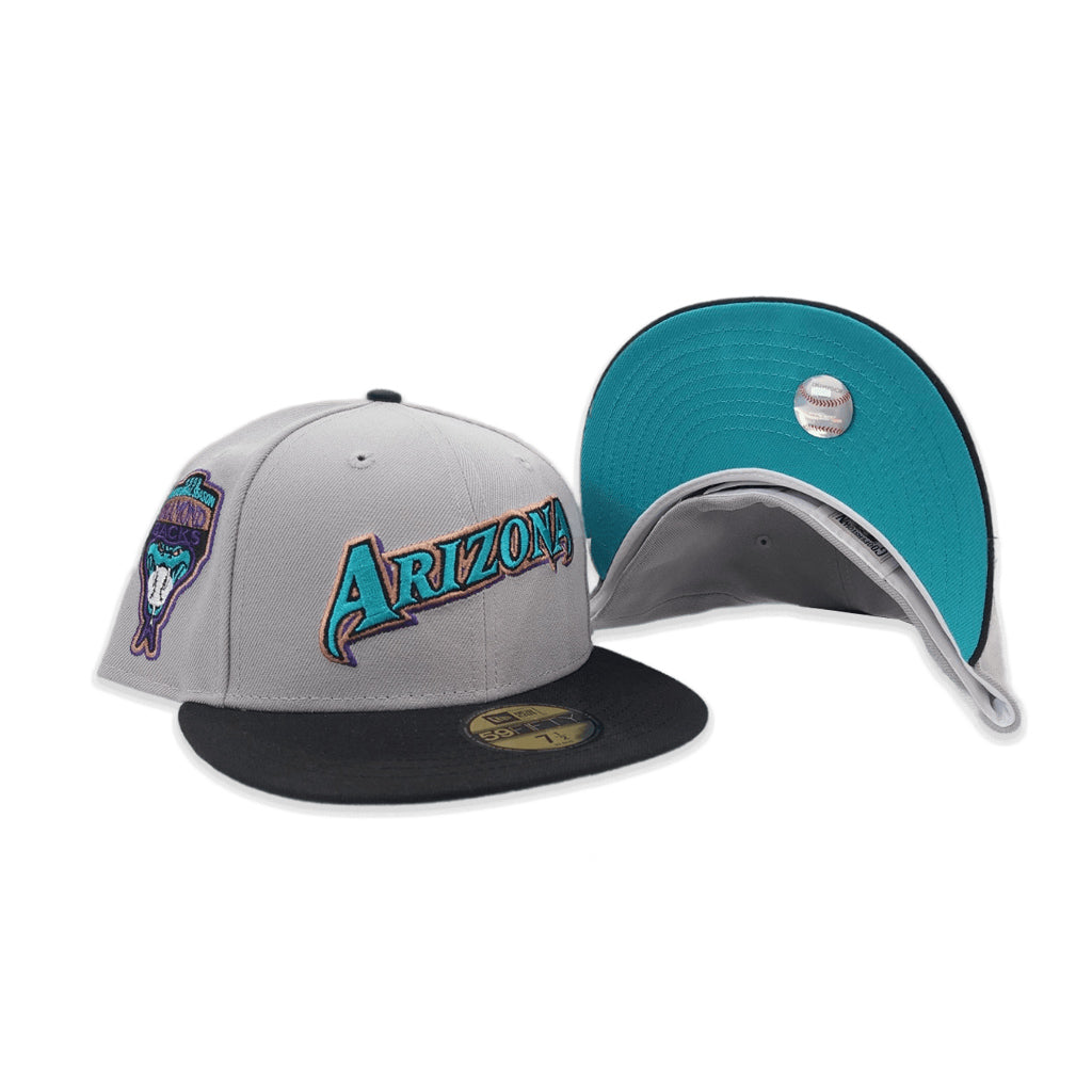 Gray Script Arizona Diamondbacks Black Visor Teal Bottom 1998 Inaugural Season Side Patch New Era 59Fifty Fitted
