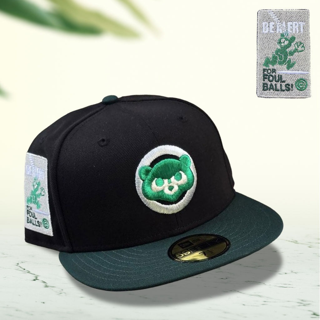 Black Chicago Cubs Dark Green Visor Gray Bottom Be Alert Foul Balls Side Patch New Era 59Fifty Fitted