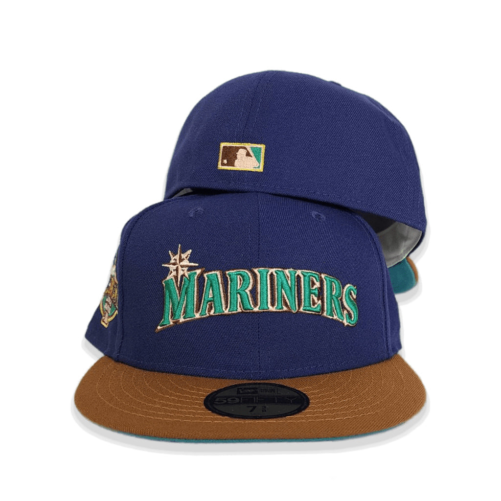 Light Navy Script Seattle Mariners Toast Visor Aqua Bottom 2001 All Star Game Side Patch New Era 59Fifty Fitted
