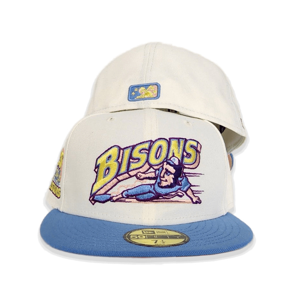 Off White Buffalo Bisons Blue Visor Peach Bottom 25th Years Side Patch New Era 59Fifty Fitted