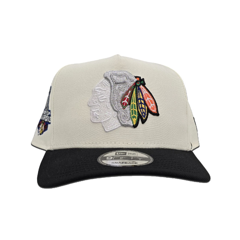 Off White Chicago Blackhawks Black Curved Brim Gray Bottom 2015 Stanley Cup Champions Side Patch New Era A-Frame 9Fifty Snapback