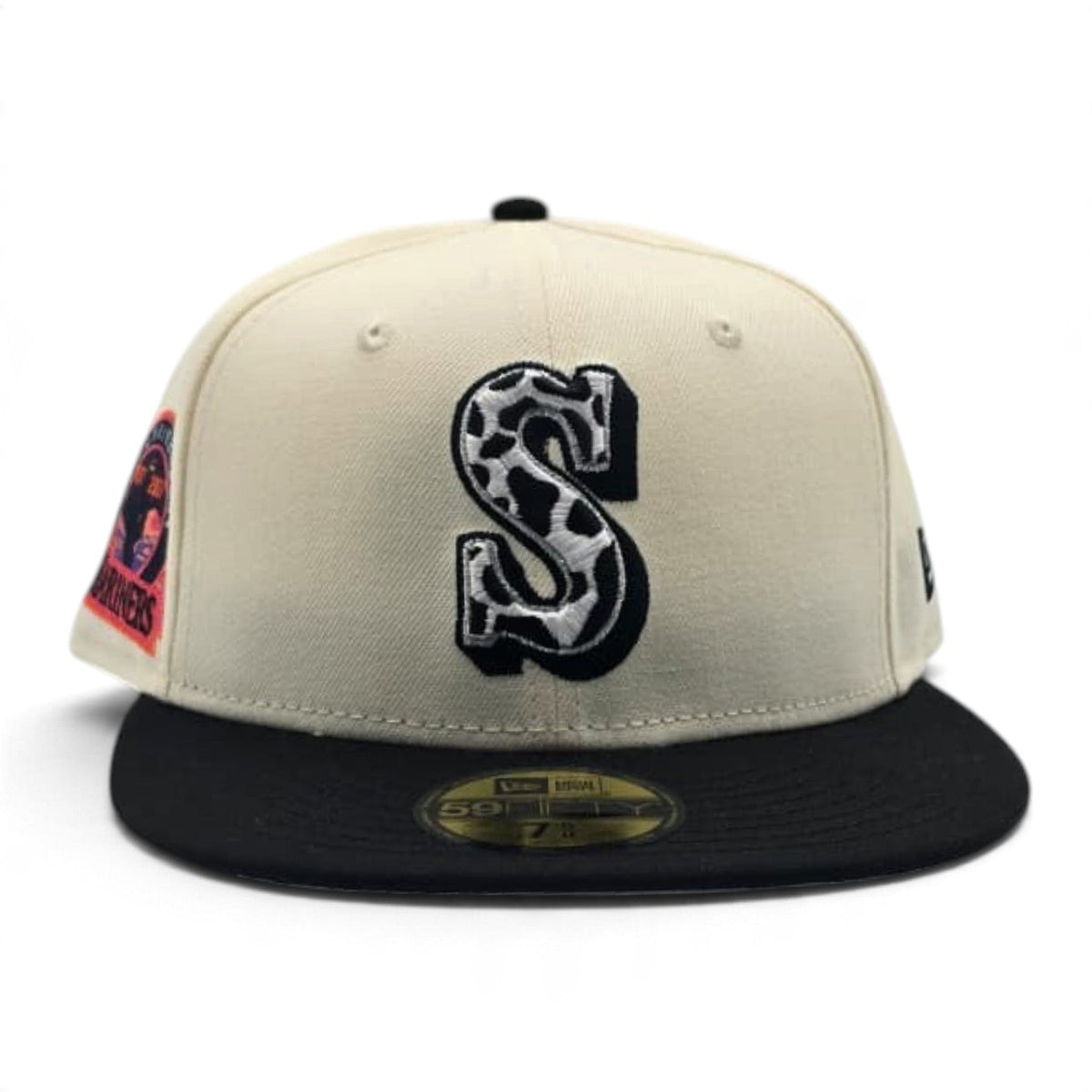 Off White Seattle Mariners Cow Print Logo Black Visor Gray Bottom 30th Anniversary Side Patch New Era 59Fifty Fitted