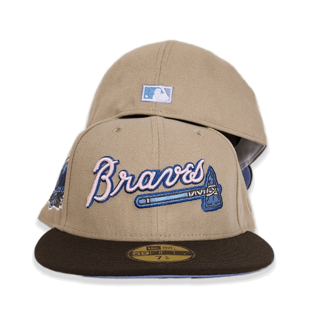 Tan Scrip Atlanta Braves Brown Visor Lavender Bottom 40th Anniversary Side Patch New Era 59Fifty Fitted