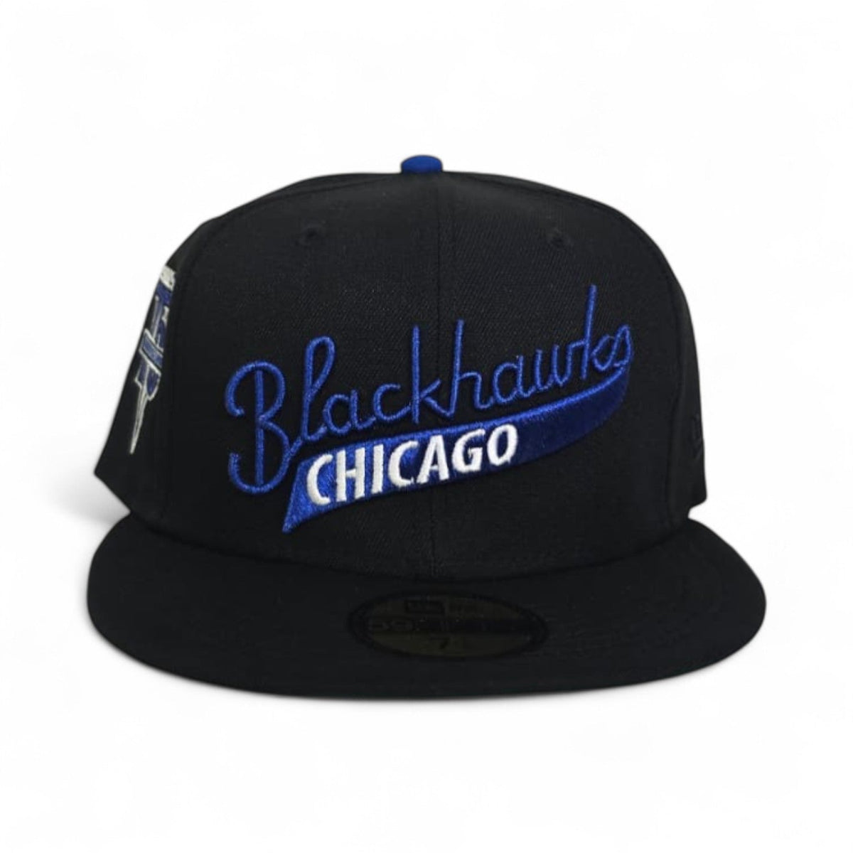 Black Chicago Blackhawks Script Logo Green Bottom 75th Anniversary Side Patch New Era 59Fifty Fitted