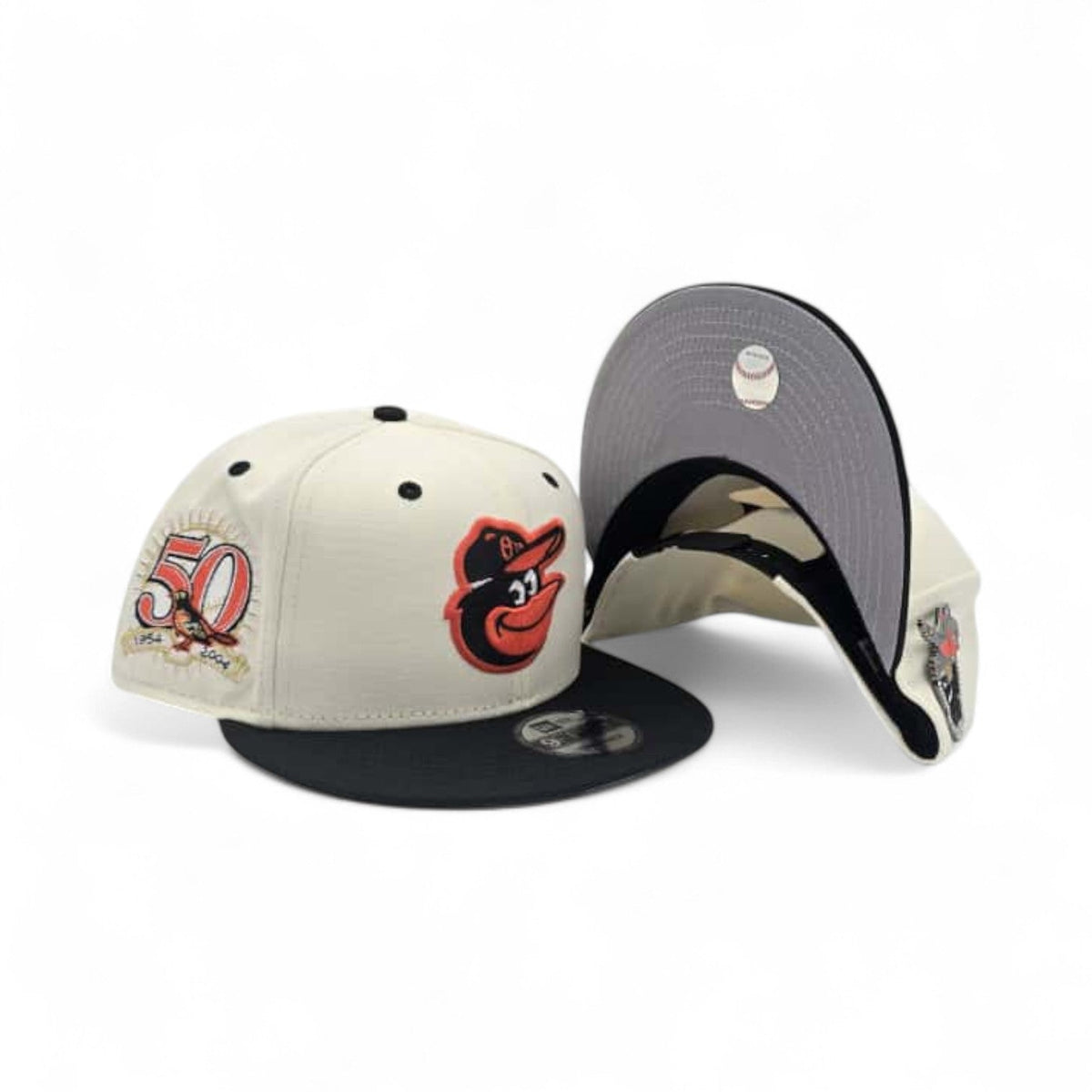 Off White Baltimore Orioles Black Visor Gray Bottom 50th Anniversary Side Patch New Era Mascot Pin 9Fifty Snapback
