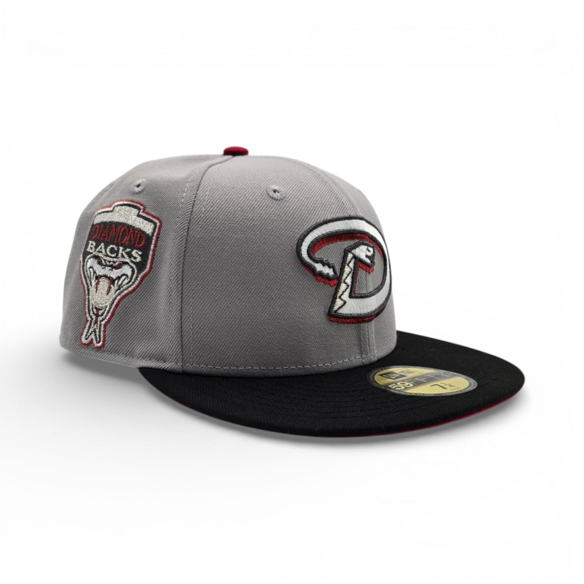 Light Gray Arizona Diamondbacks Black Visor Red Bottom 1998 Inaugural Season Side Patch New Era 59Fifty Fitted