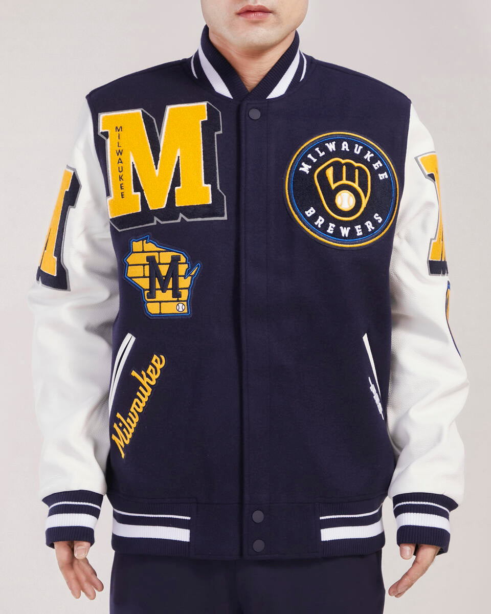 Navy Blue Milwaukee Brewers Pro Standard Logo Mashup Wool Varsity Heavy Jacket