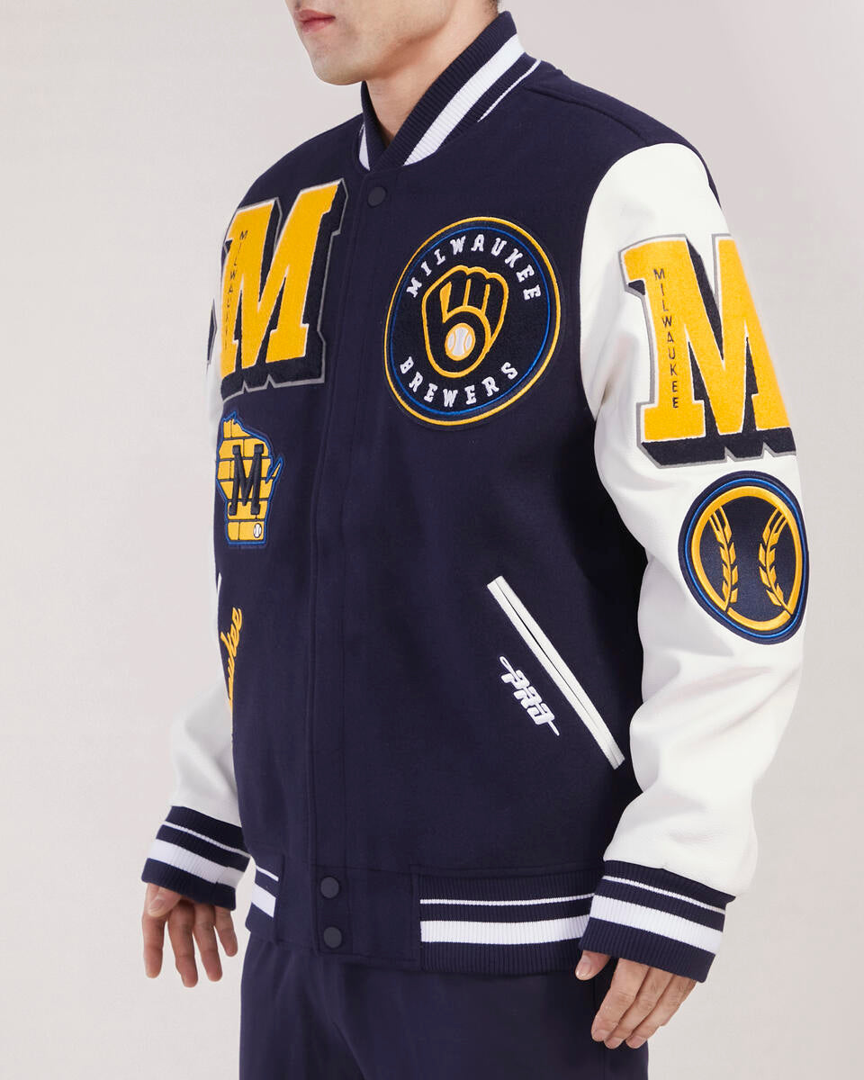 Navy Blue Milwaukee Brewers Pro Standard Logo Mashup Wool Varsity Heavy Jacket