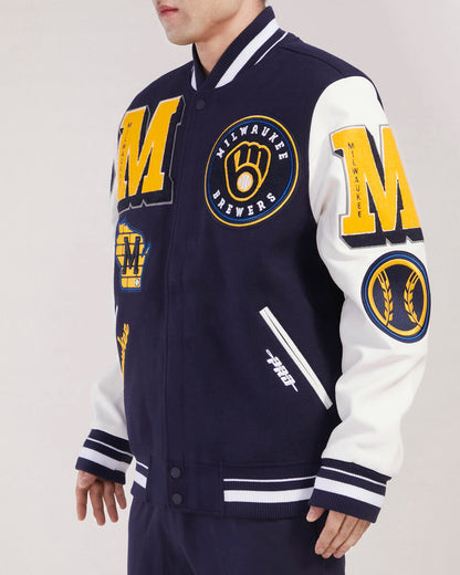 Navy Blue Milwaukee Brewers Pro Standard Logo Mashup Wool Varsity Heavy Jacket