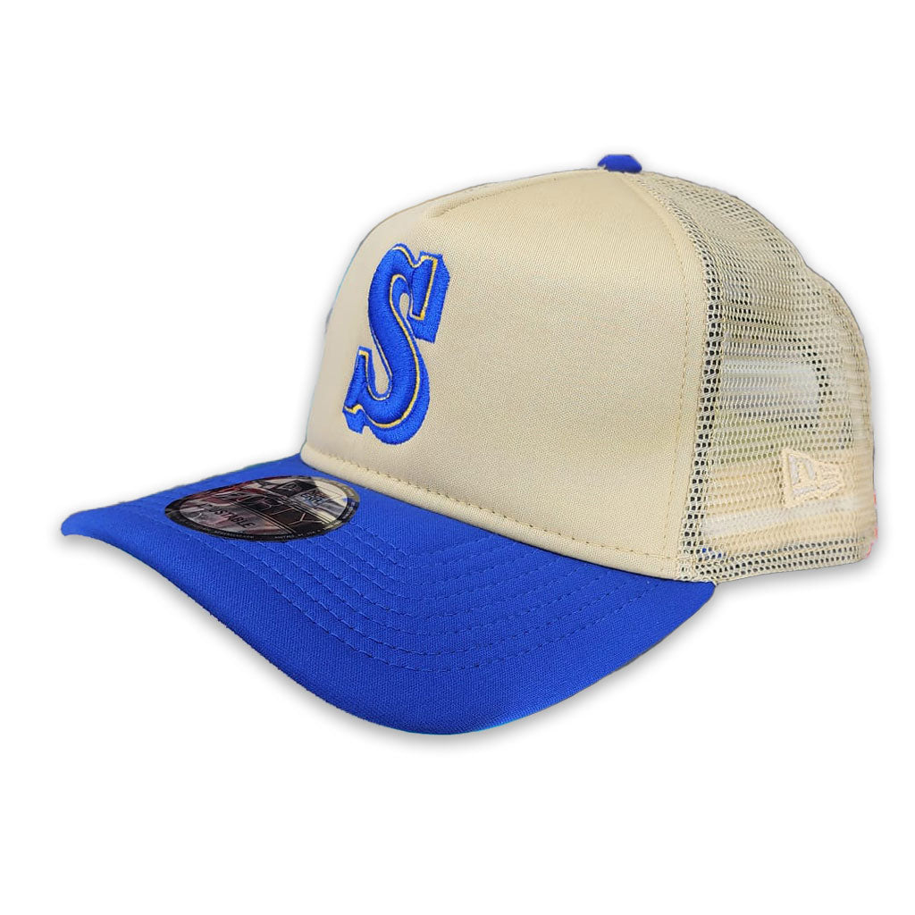 Vegas Gold Seattle Mariners Royal Blue Visor Gary bottom New Era A-Frame Trucker 9Forty Snapback