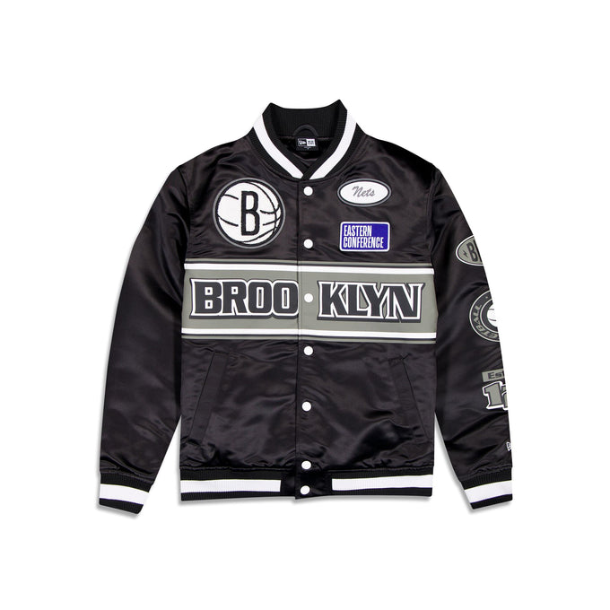 Black Brooklyn Nets Gray New Era Mens Rally Drive Medium Weight Satin Jacket