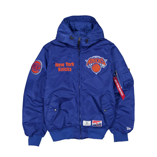 Royal Blue Knicks Alpha Industries X New Era L-2B Hooded Bomber Jacket