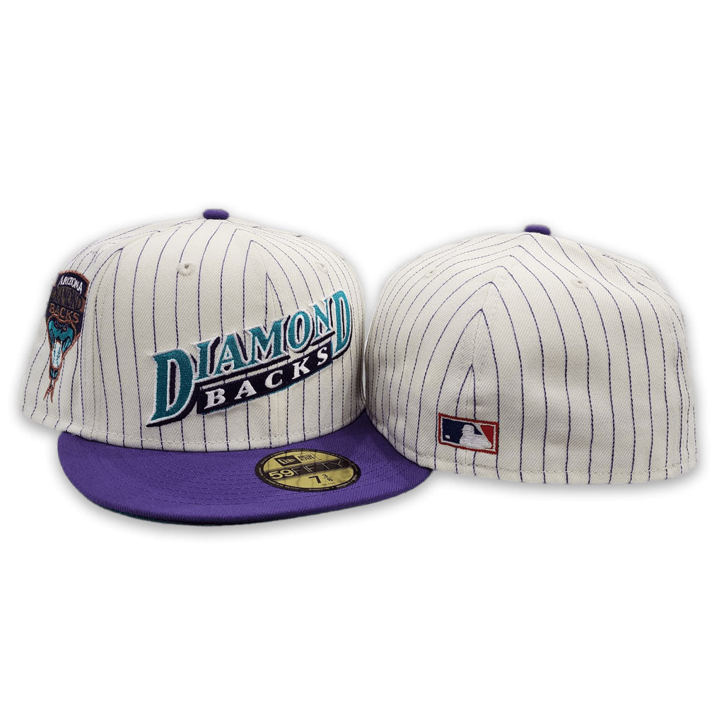 Off White Pinstripe Arizona Diamondbacks Purple Visor Green Bottom Arizona Diamondbacks Side Patch New Era 59Fifty Fitted
