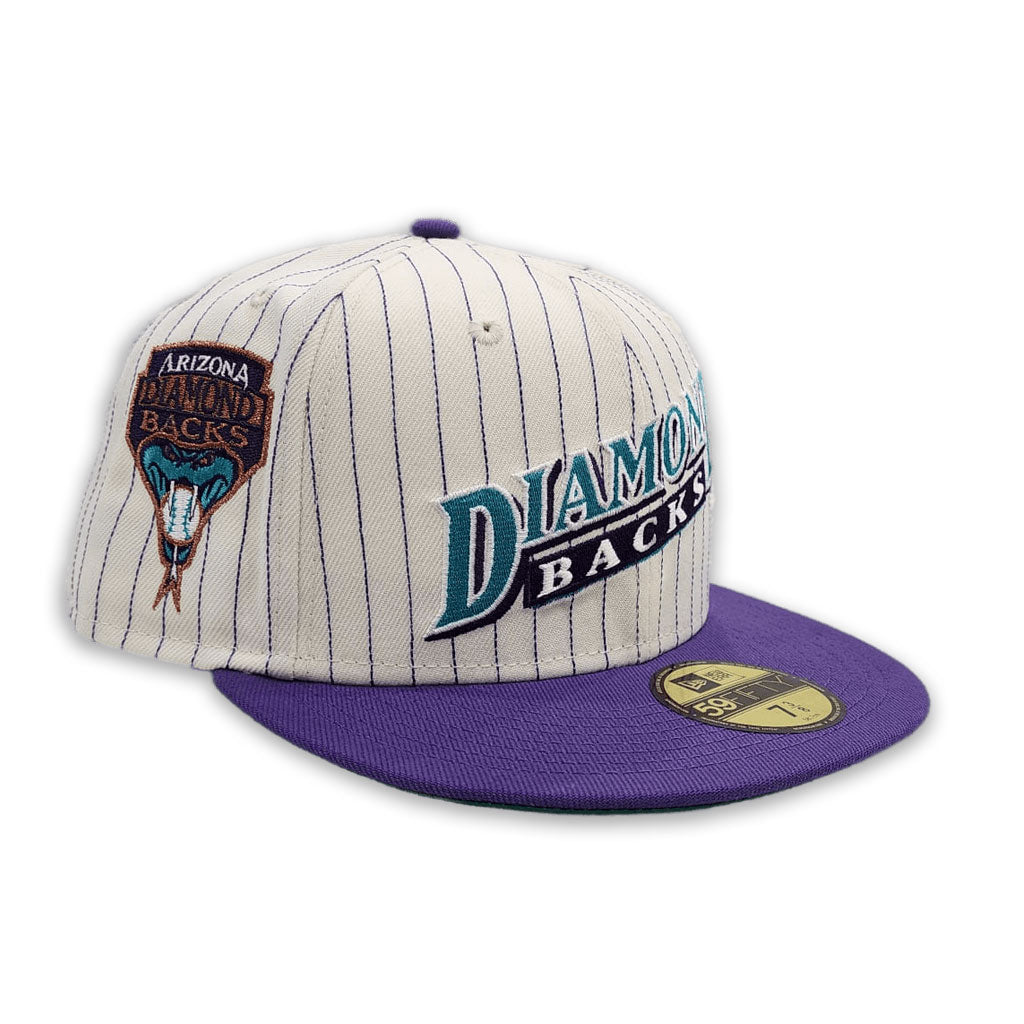 Off White Pinstripe Arizona Diamondbacks Purple Visor Green Bottom Arizona Diamondbacks Side Patch New Era 59Fifty Fitted