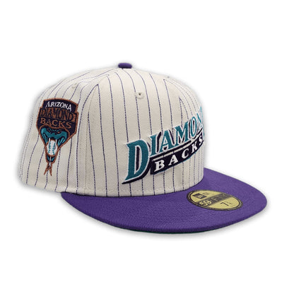 Off White Pinstripe Arizona Diamondbacks Purple Visor Green Bottom Arizona Diamondbacks Side Patch New Era 59Fifty Fitted