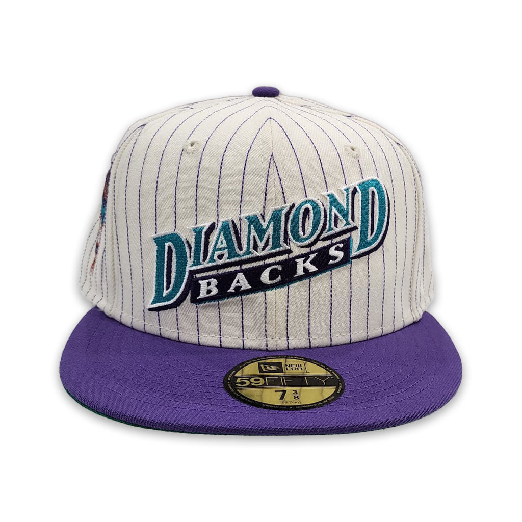 Off White Pinstripe Arizona Diamondbacks Purple Visor Green Bottom Arizona Diamondbacks Side Patch New Era 59Fifty Fitted