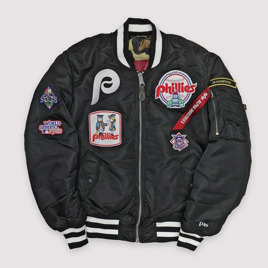 Black Philadelphia Phillies Alpha Industries X New Era Reversible MA-1 Bomber Jacket
