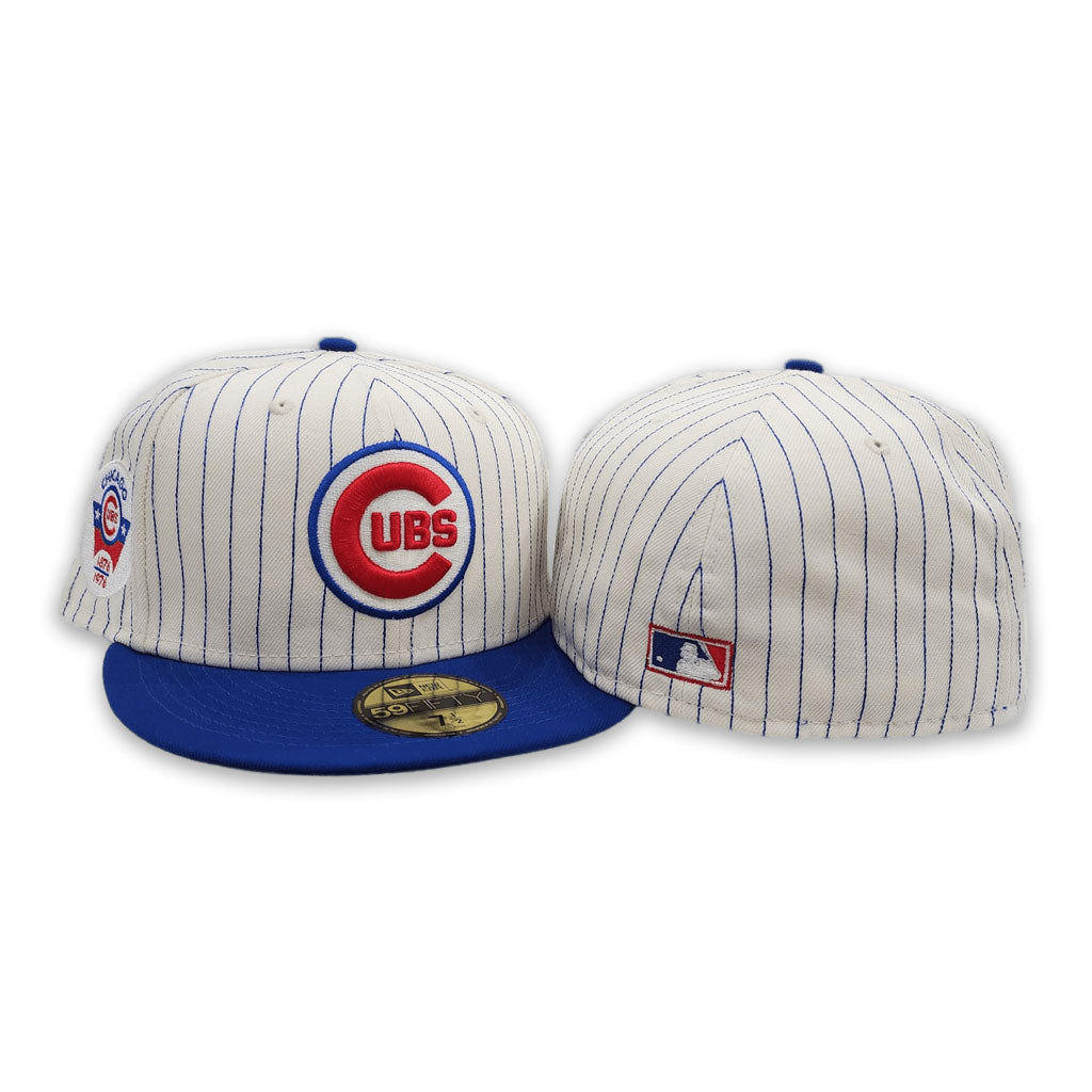 Off White Pinstripe Chicago Cubs Royal Blue Visor Green Bottom 100th Anniversary Side Patch New Era 59Fifty Fitted