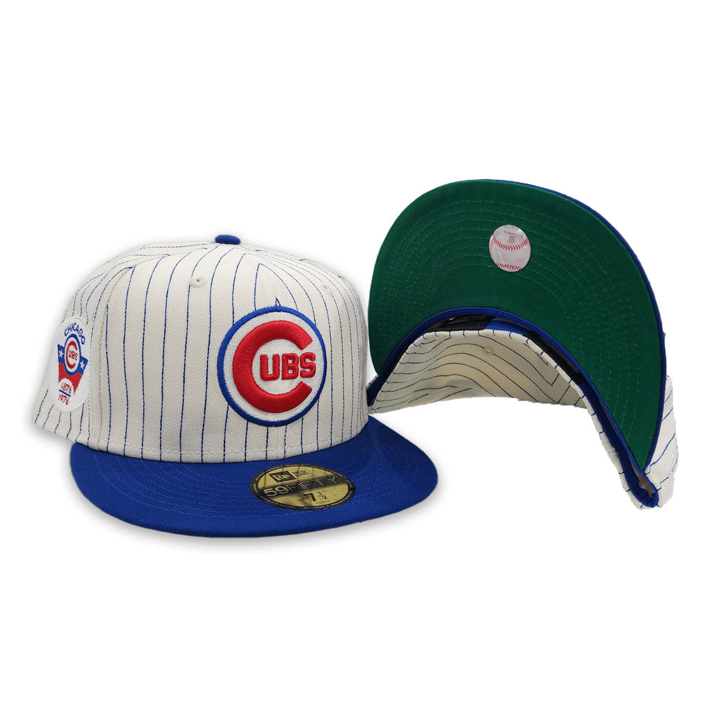 Off White Pinstripe Chicago Cubs Royal Blue Visor Green Bottom 100th Anniversary Side Patch New Era 59Fifty Fitted