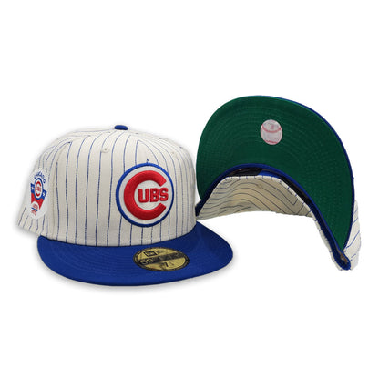 Off White Pinstripe Chicago Cubs Royal Blue Visor Green Bottom 100th Anniversary Side Patch New Era 59Fifty Fitted