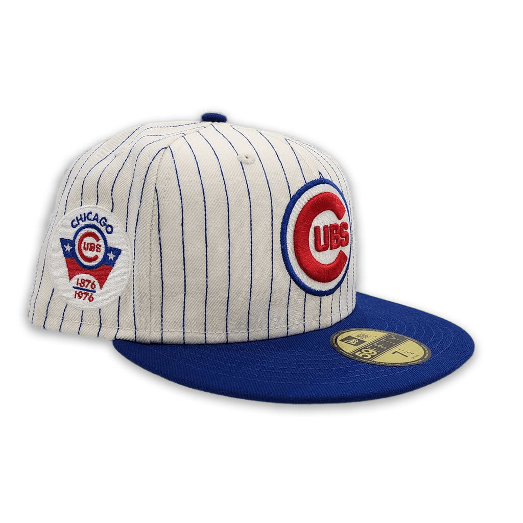 Off White Pinstripe Chicago Cubs Royal Blue Visor Green Bottom 100th Anniversary Side Patch New Era 59Fifty Fitted