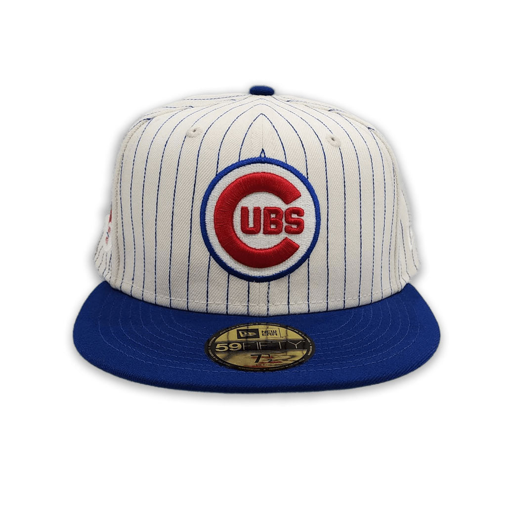 Off White Pinstripe Chicago Cubs Royal Blue Visor Green Bottom 100th Anniversary Side Patch New Era 59Fifty Fitted