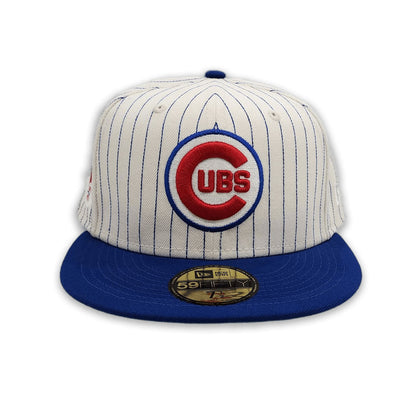 Off White Pinstripe Chicago Cubs Royal Blue Visor Green Bottom 100th Anniversary Side Patch New Era 59Fifty Fitted