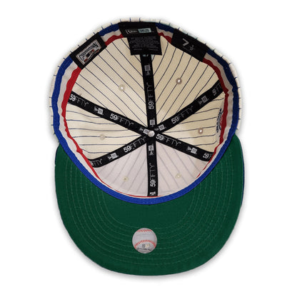 Off White Pinstripe Chicago Cubs Royal Blue Visor Green Bottom 100th Anniversary Side Patch New Era 59Fifty Fitted