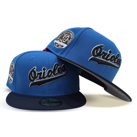 Airforce Blue Baltimore Orioles Navy Blue Visor Gray Bottom 30th Anniversary Side Patch New Era 59Fifty Fitted