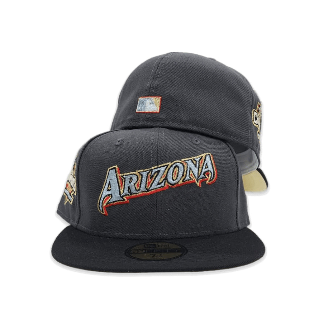 Dark Gray Script Arizona Diamondbacks Black Visor Soft Yellow Bottom 20th Anniversary Side Patch New Era 59Fifty Fitted