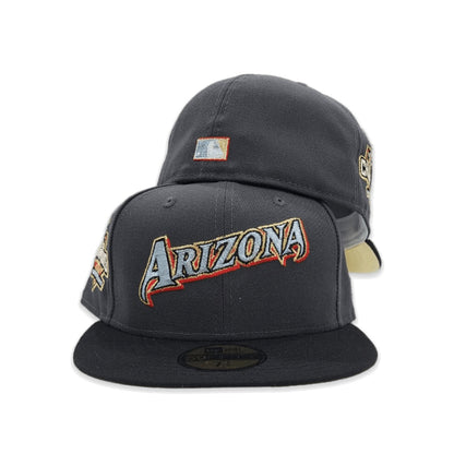 Dark Gray Script Arizona Diamondbacks Black Visor Soft Yellow Bottom 20th Anniversary Side Patch New Era 59Fifty Fitted