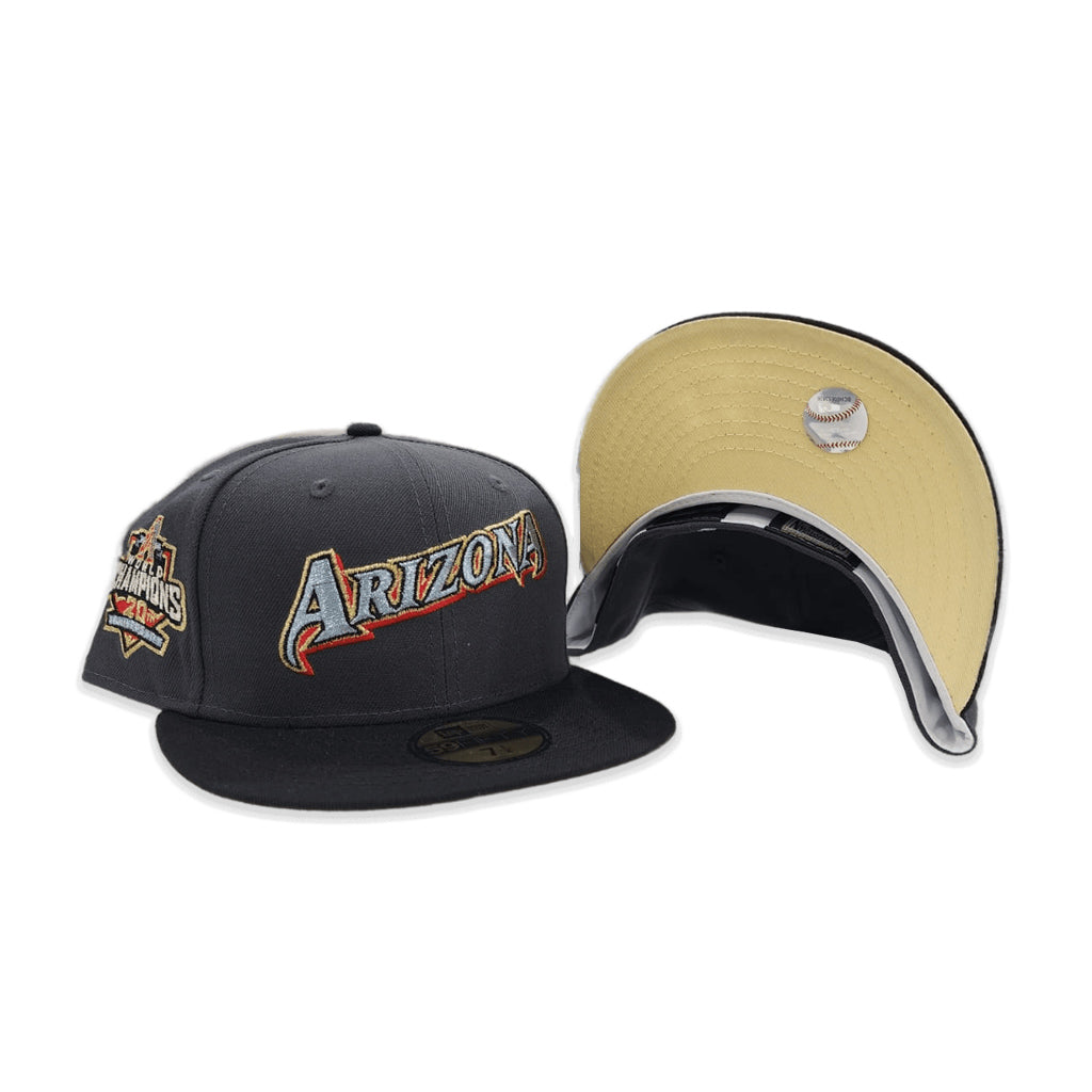 Dark Gray Script Arizona Diamondbacks Black Visor Soft Yellow Bottom 20th Anniversary Side Patch New Era 59Fifty Fitted