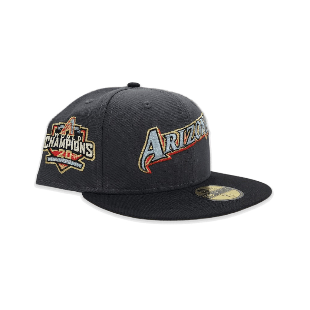 Dark Gray Script Arizona Diamondbacks Black Visor Soft Yellow Bottom 20th Anniversary Side Patch New Era 59Fifty Fitted