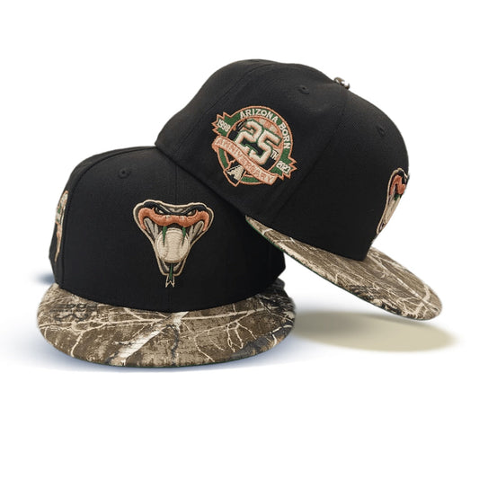 Black Arizona Diamondbacks Real Tree Visor Green Bottom 25th Anniversary Side Patch New Era 59Fifty Fitted
