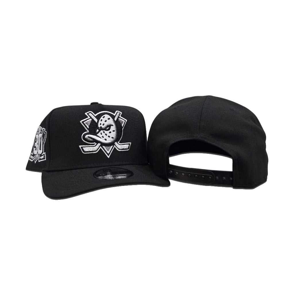 Black Anaheim Mighty Ducks Silver Bottom 30th Anniversary Side Patch New Era Curved Brim A-Frame 9Forty Snapback
