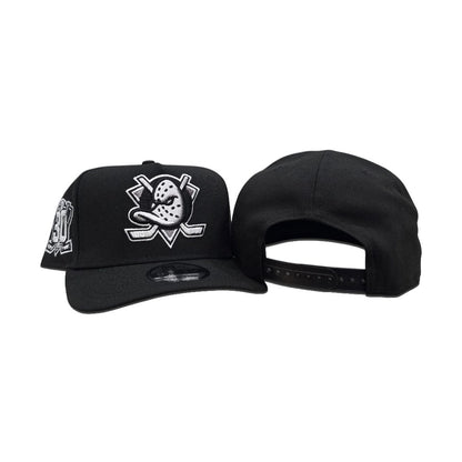 Black Anaheim Mighty Ducks Silver Bottom 30th Anniversary Side Patch New Era Curved Brim A-Frame 9Forty Snapback