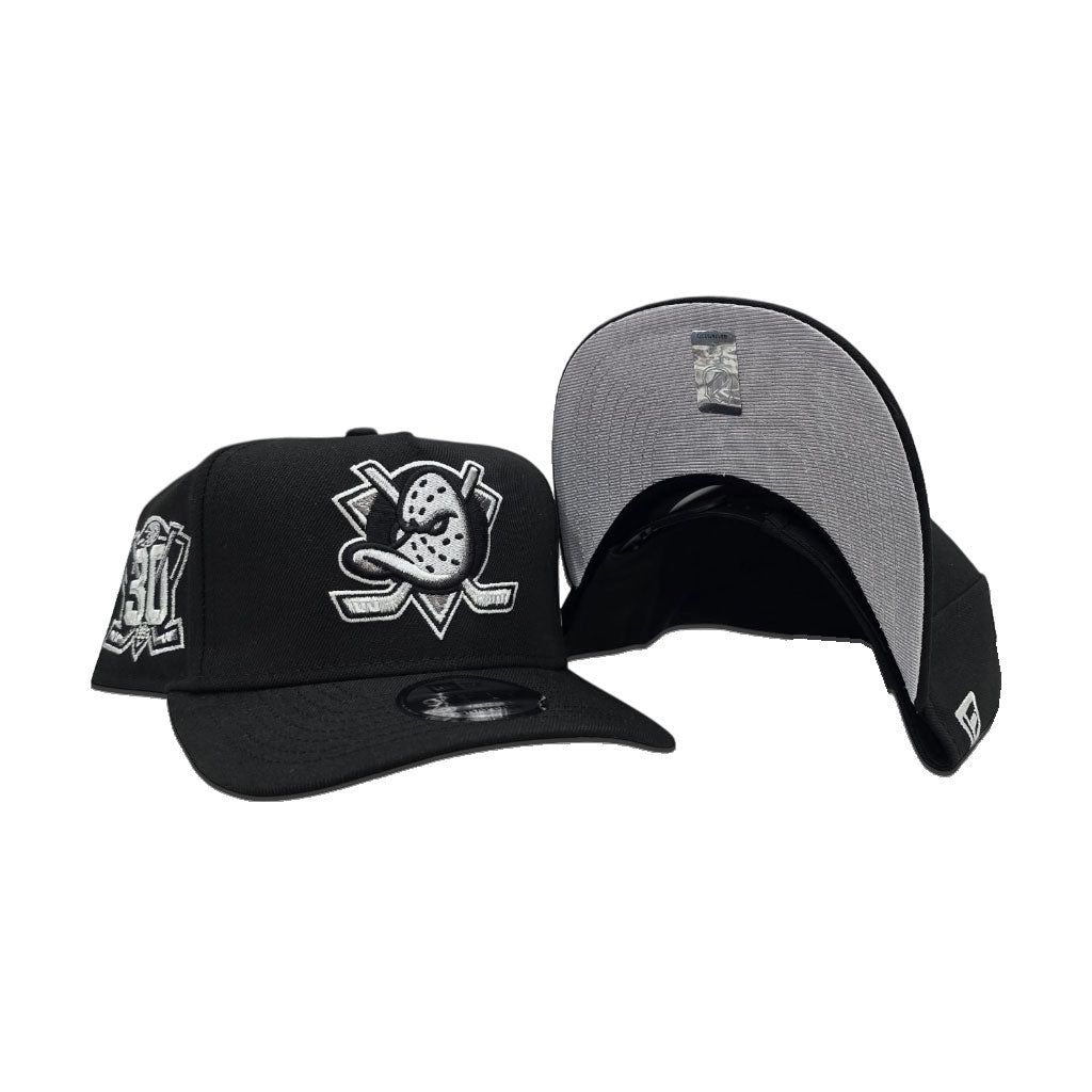 Black Anaheim Mighty Ducks Silver Bottom 30th Anniversary Side Patch New Era Curved Brim A-Frame 9Forty Snapback