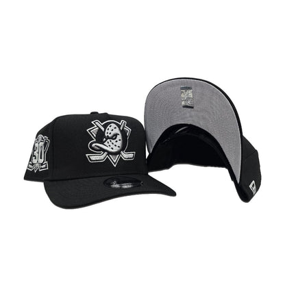 Black Anaheim Mighty Ducks Silver Bottom 30th Anniversary Side Patch New Era Curved Brim A-Frame 9Forty Snapback