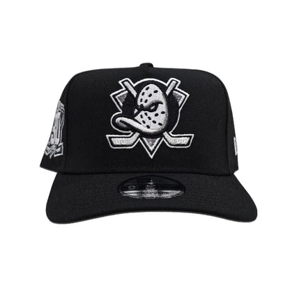 Black Anaheim Mighty Ducks Silver Bottom 30th Anniversary Side Patch New Era Curved Brim A-Frame 9Forty Snapback