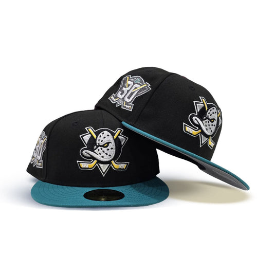 Black Anaheim Mighty Ducks Teal Visor Gray Bottom 30th Anniversary Side Patch New Era 59Fifty Fitted
