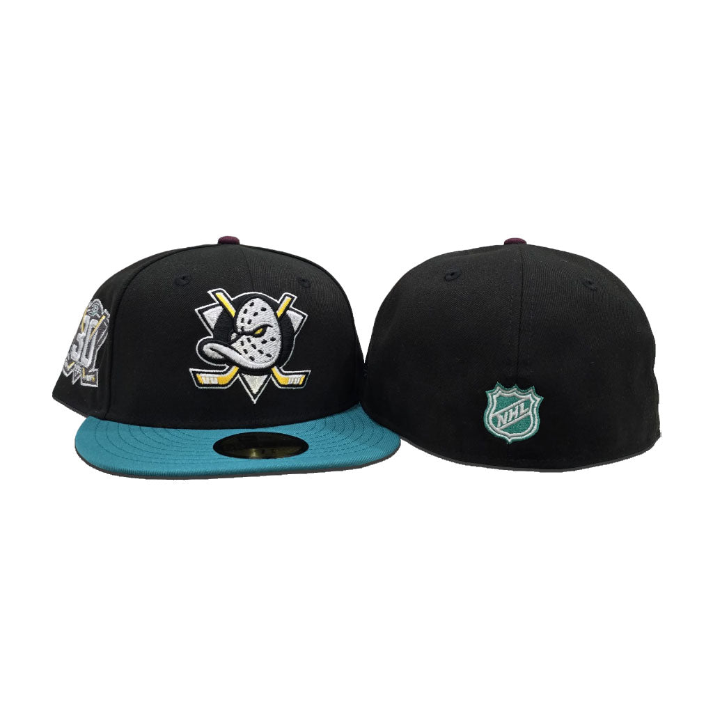 Black Anaheim Mighty Ducks Teal Visor Gray Bottom 30th Anniversary Side Patch New Era 59Fifty Fitted