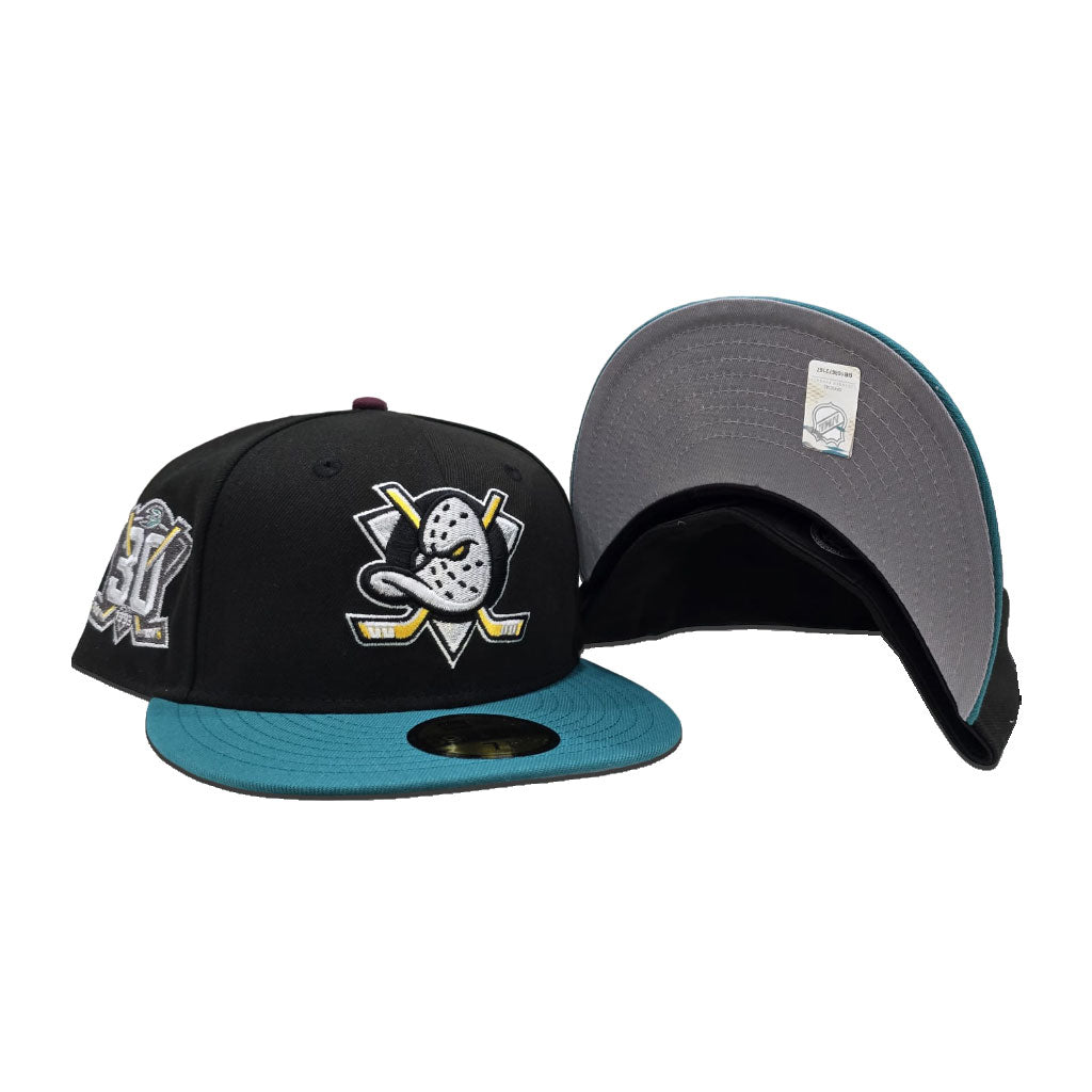 Black Anaheim Mighty Ducks Teal Visor Gray Bottom 30th Anniversary Side Patch New Era 59Fifty Fitted