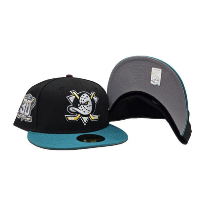 Black Anaheim Mighty Ducks Teal Visor Gray Bottom 30th Anniversary Side Patch New Era 59Fifty Fitted