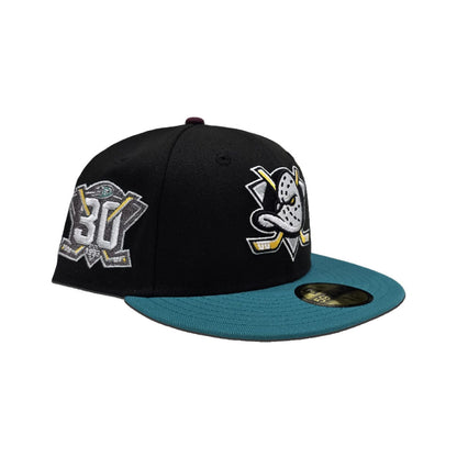 Black Anaheim Mighty Ducks Teal Visor Gray Bottom 30th Anniversary Side Patch New Era 59Fifty Fitted