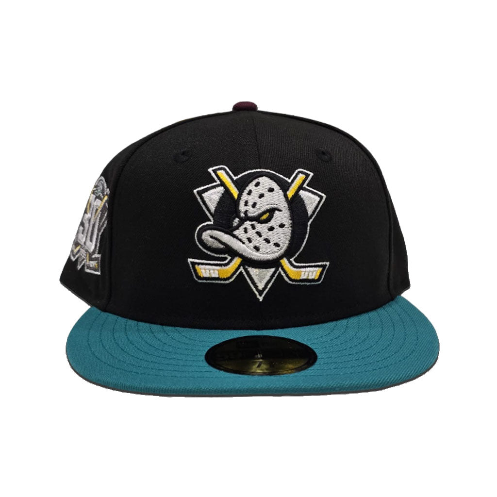 Black Anaheim Mighty Ducks Teal Visor Gray Bottom 30th Anniversary Side Patch New Era 59Fifty Fitted
